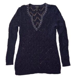 White House Black Market Navy Knit Sweater with Studded V-Neck size S